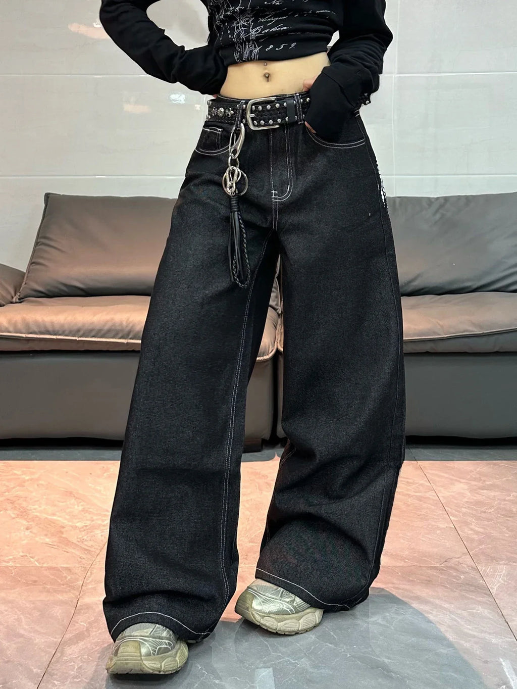 Women's Y2K Wing Print Loose Jeans – Retro Street Style