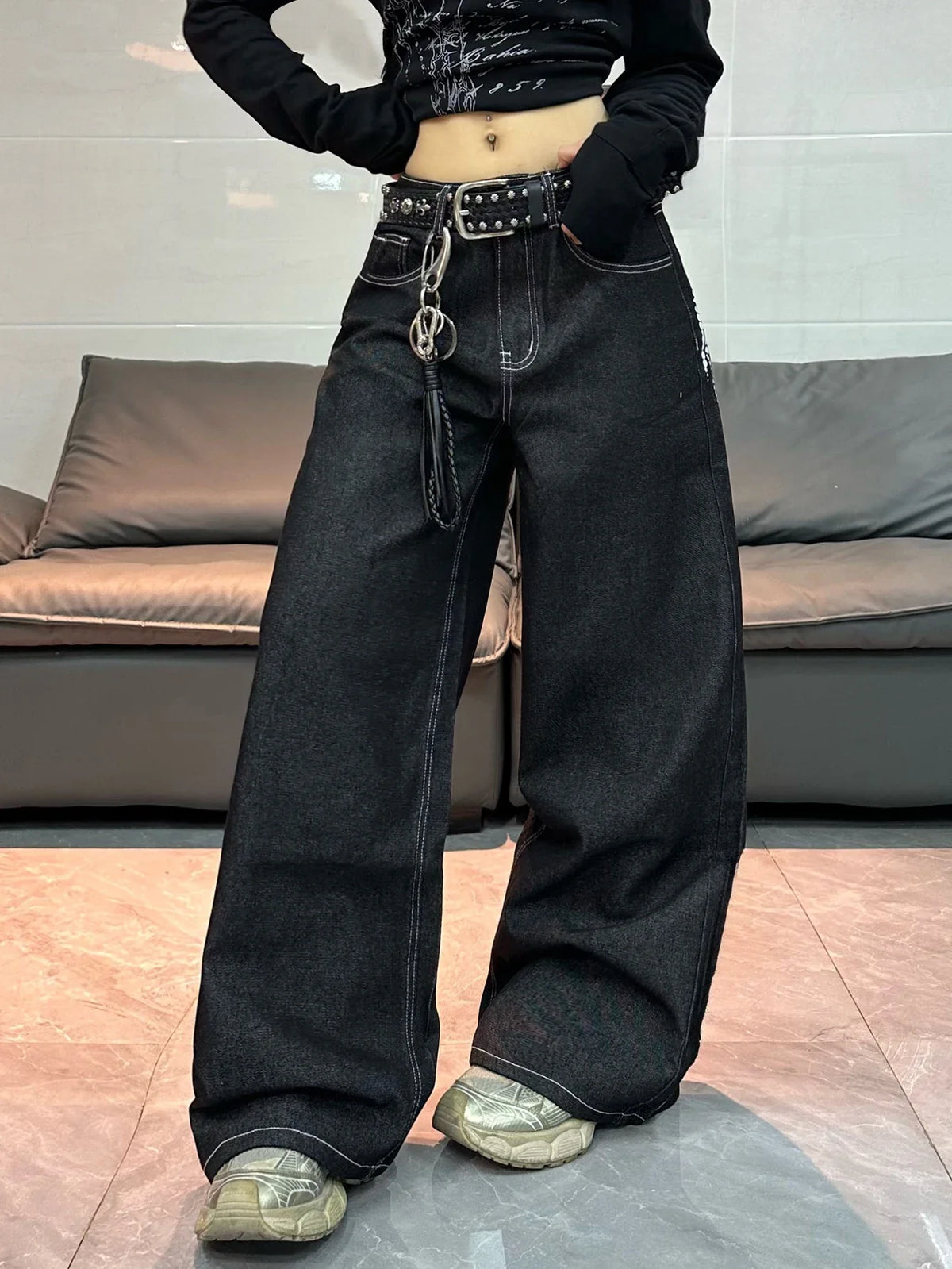 Women's Y2K Wing Print Loose Jeans – Retro Street Style