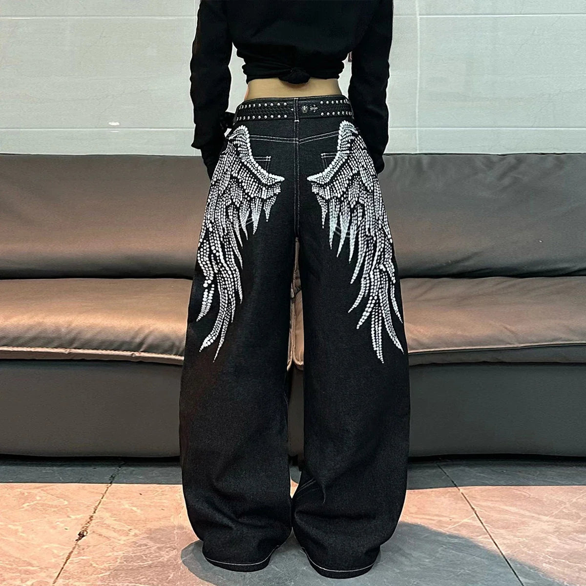 Women's Y2K Wing Print Loose Jeans – Retro Street Style