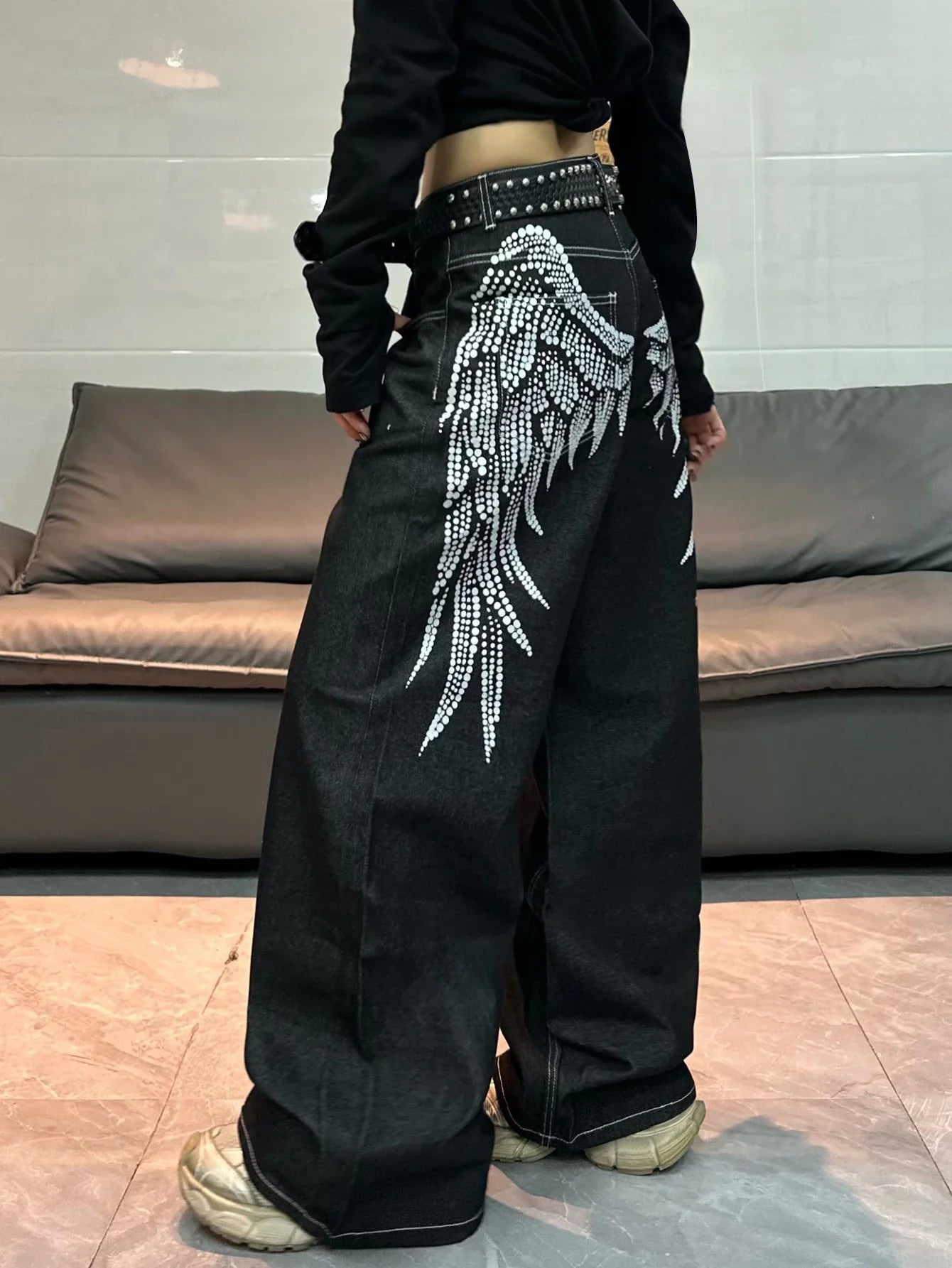 Women's Y2K Wing Print Loose Jeans – Retro Street Style