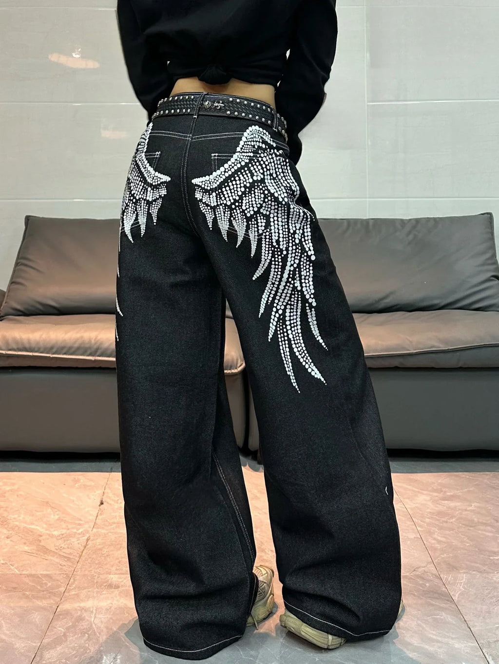 Women's Y2K Wing Print Loose Jeans – Retro Street Style