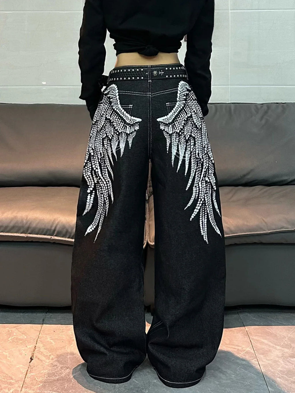 Women's Y2K Wing Print Loose Jeans – Retro Street Style
