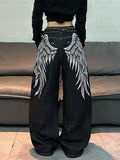 Women's Y2K Wing Print Loose Jeans – Retro Street Style