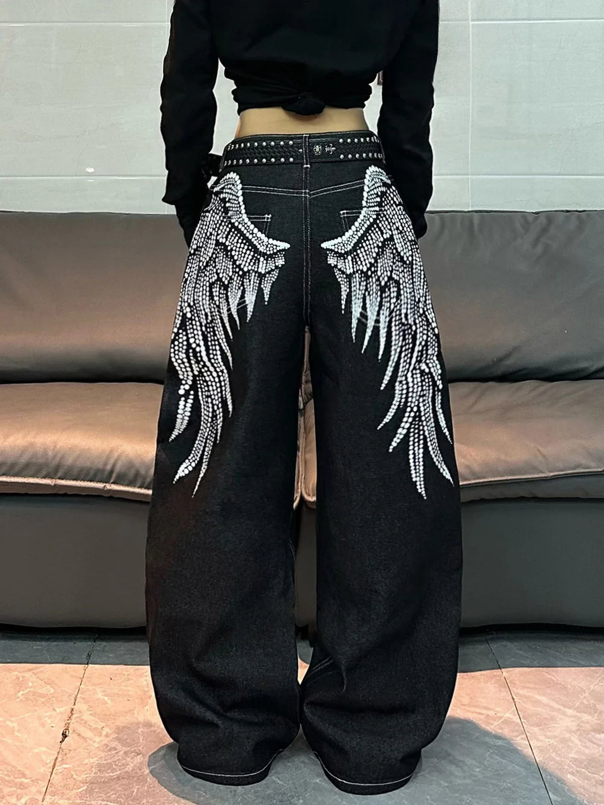Women's Y2K Wing Print Loose Jeans – Retro Street Style
